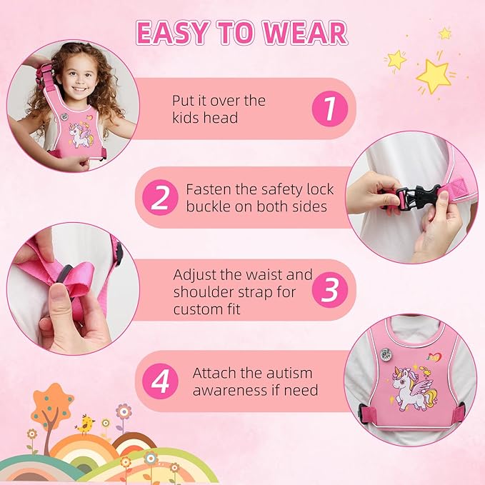 Safety Walking Harness with Light Reflector for Autism, Special Needs Child (3-6 yrs), Vest Harness with Grab Handle and Removable Autism Awareness, Prevent Active ADHD/ASD Kids Eloping in Public Pink