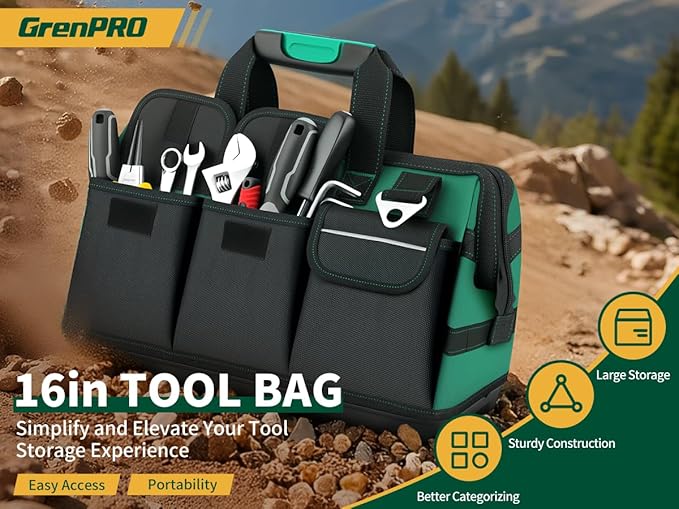 Tool Bag, 16 Inch Molded Bottom Toolbag, 18-Pocket Heavy Duty Portable Waterproof Toolbox, Soft Handle Tool Organizer for Mechanics, DIY, Valentines Day Gifts for Him Dad Men