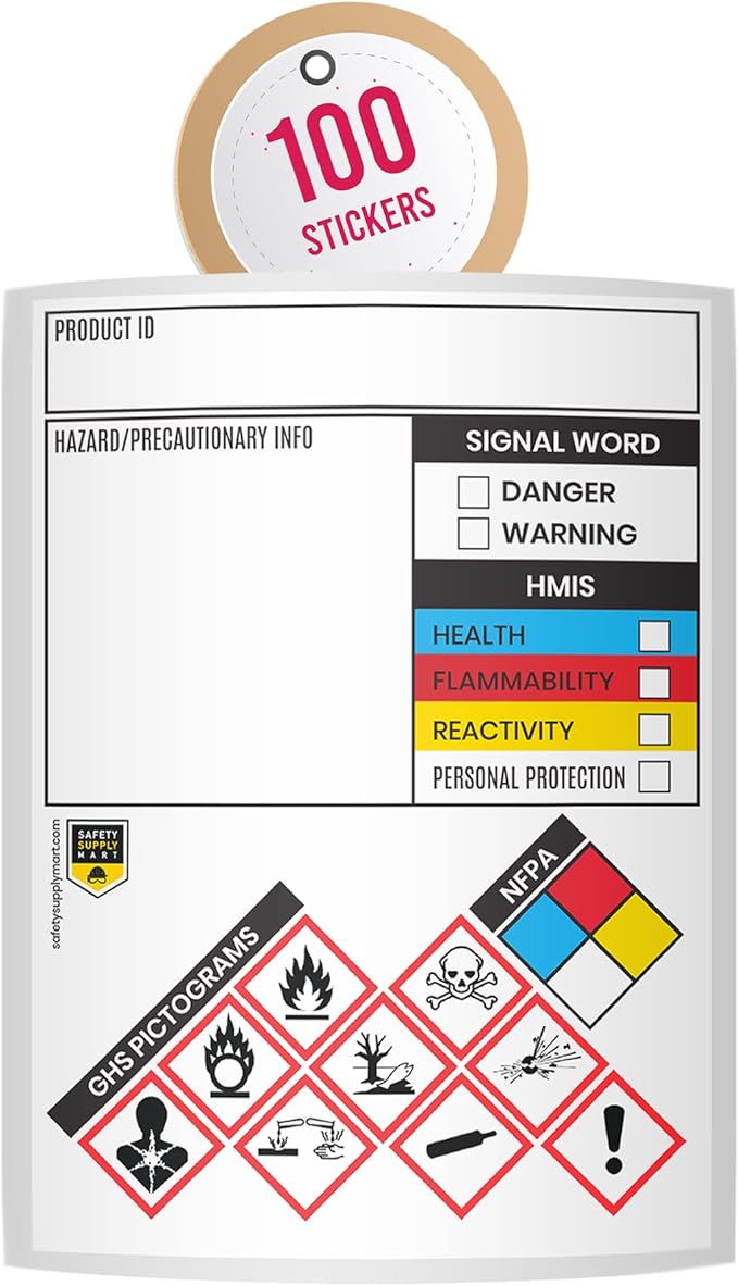 Performore SDS OSHA Chemical Safety Labels | 3x4 Inch MSDS Stickers with GHS HMIS Pictograms |Industrial OSHA‑Compliant Safety ID Tags | 100 Stickers Per Roll