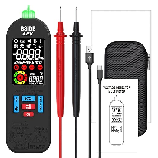 BSIDE Rechargeable Digital Multimeter Electrical Amp Tester Color LCD 6000 Counts Automatic Smart Voltmeter VFC Capacitance Diode AC DC Current Continuity Voltage Tester with Carrying Case