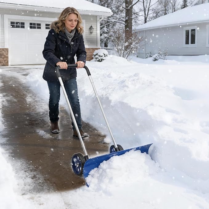 Heavy-Duty Snow Shovel for Driveway - 2-Wheel Snow Shovel with 37-Inch Steel Blade, Adjustable Handle & Blade Angle for Effortless Snow Removal, Perfect Snow Plow for Driveways and Sidewalks