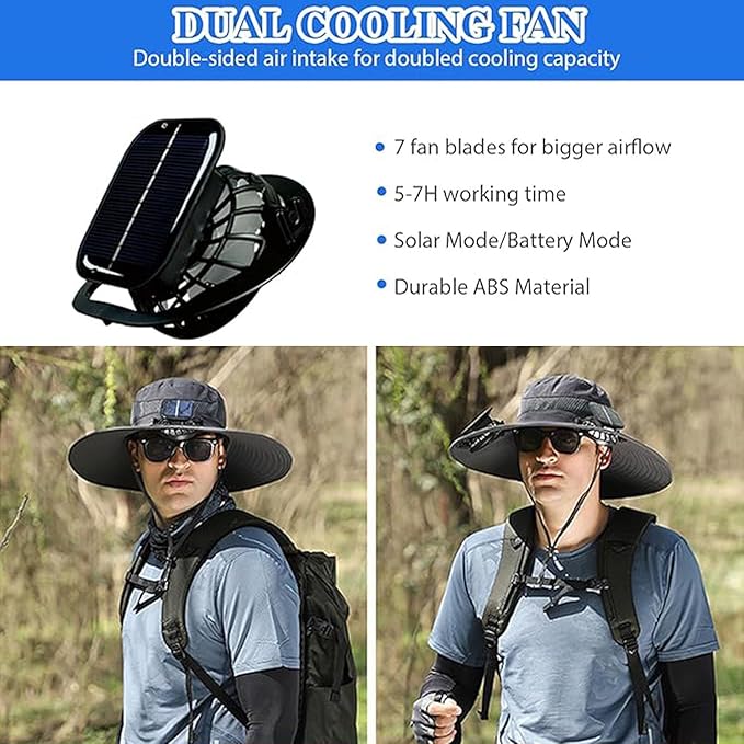 Solar Fan Hat,Wide Brim Sun Hat with 2 Solar Fan, Fishing Hat with Fan for Men, 3 Speed Adjustable Hat with Solar Fans Built in (Grey)