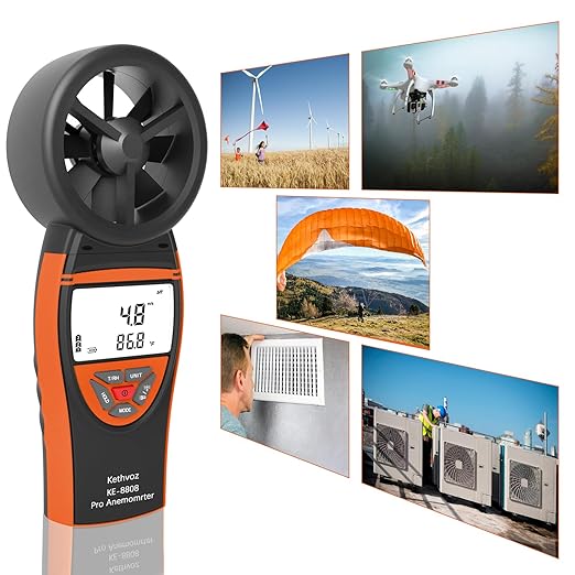 Handheld Vane Anemometer Air Flow Tester, Kethvoz Digital Wind Speed Meter Measure Air Velocity 0.3~30m/s, Test Temperature Humidity, Portable Carrying Case Included
