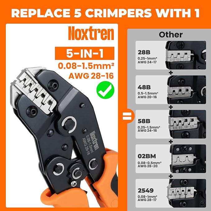 5-in-1 Wire Crimping Tool, AWG 28–16 Ratcheting Crimper for Non-Insulated Open Barrel Terminals – Fits Deutsch, Delphi, AMP, JST, Dupont, Molex, TE & More Automotive Wire Connectors