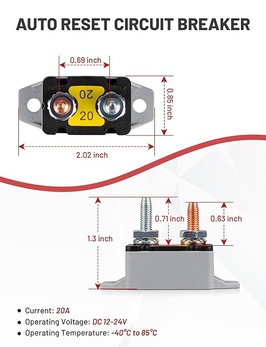 RED WOLF 20Amp Automatic Reset Circuit Breaker with Cover, DC 12V-24V Nylon Insulated & Anti-Rust Stud Type for Automotive Truck Camper RVs Solar Battery Chargers 4pcs