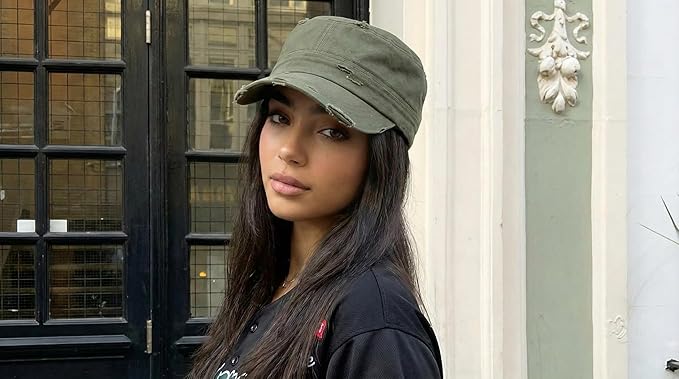 Funky Junque Distressed Military Hat – Newsboy Hats for Women, Short Brim Army Baseball Cap, Womens Cadet Hat Trendy Style