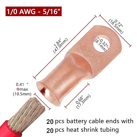 TKDMR 20pcs 1/0 AWG-5/16 Battery Lugs,Heavy Duty Wire Lugs,Ring Terminals,Battery Cable Ends,0 Guage terminals,Battery Terminal Connectors with 20pcs 3:1 Heat Shrink Tubing