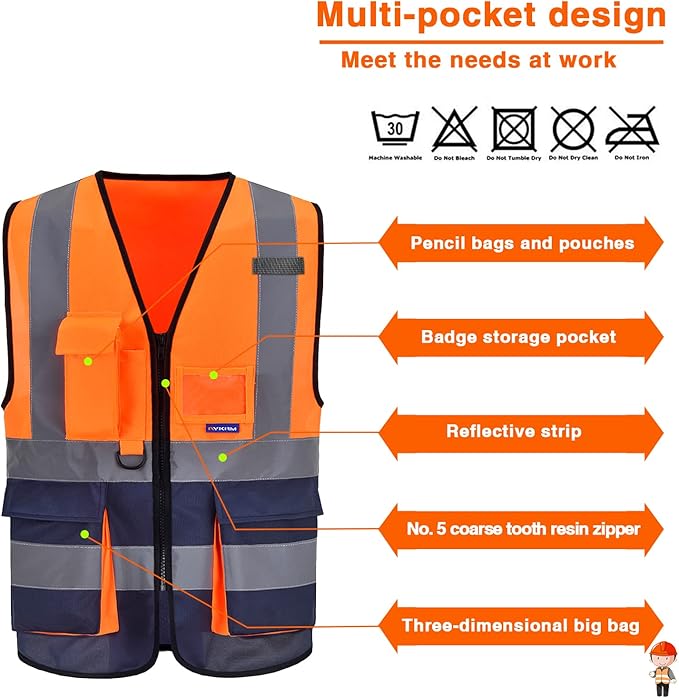 A-SAFETY High Visibility Safety Vest with 4 Reflective Strips 7 Pockets,Orange&Navy X-Small