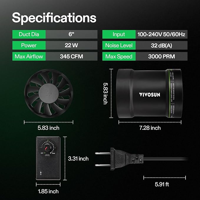 VIVOSUN 6" Inline Exhaust Fan & Speed Controller, Low Noise Workshop 345 CFM Duct Fan for HVAC Ventilation, Vent Booster Fan in Grow Tents, Basements, Bathrooms, Kitchens, Attics and 3D Printer
