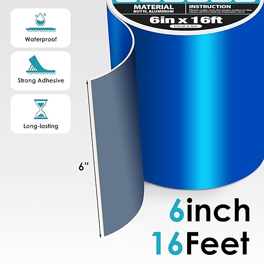 Super Waterproof Tape 6 in x 16ft, Self Adhesive Leak Proof Pool Cover Repair Tape High Strength Blue Butyl Sealant Tape for RV Roof, Roof Crack, Pool Liner Patch, Pipe Leak