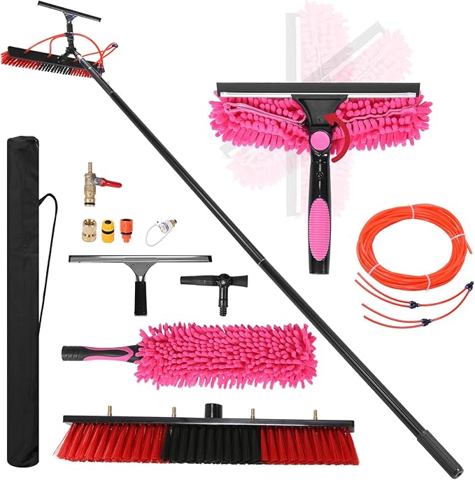 Solar Panel Cleaning Brush Water Fed Pole Brush Kit with 20m Hose Extendable Solar Panel Washing Tool with 180° Rotating Brushhead for Solar Panel Roof Car
