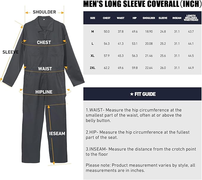 Coveralls for Men Long Sleeve Cotton Blend Work Jumpsuit with Multi Pockets Utility Work Wear