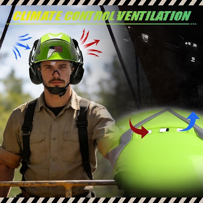 Hard Hat with Dual Visor and Hearing Protection-OSHA Approved Construction Hard Hats with Visor Sunglasses Earmuffs for Men,Vented Forestry Chainsaw Arborist Helmet with Chin Straps
