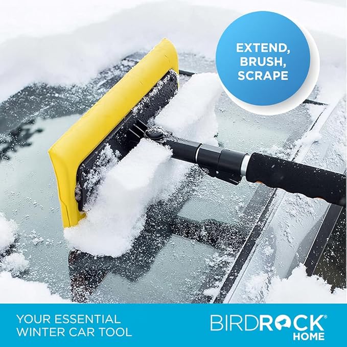 BIRDROCK HOME 55" Extendable Snow Brush & Ice Scraper for Car Windshield - Long Aluminum Grip for Truck, SUV - 14" Foam Head - Safe on Auto & Windows - Wide Frost Remover - Yellow