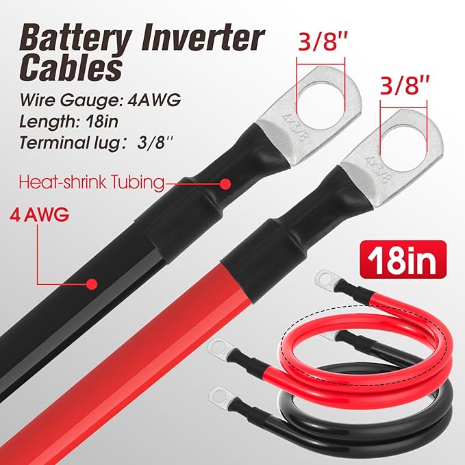 4 AWG Battery Cable 4AWG Gauge Battery Inverter Cables for Automotive Solar Marine Boat RV Car Motorcycle (4 AWG, 18in, 3/8")