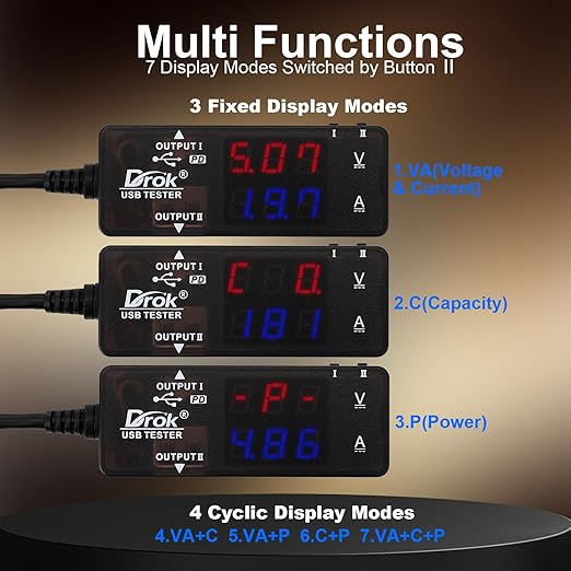 DROK USB Tester 2pcs, USB-A USB-C 2.0 Multimeter Dual USB Ports PD QC 3.0 with Color LED Display Battery Charger Monitor, 7 Modes Capacity Voltage Current Power for Laptop Power Bank Solar Panel