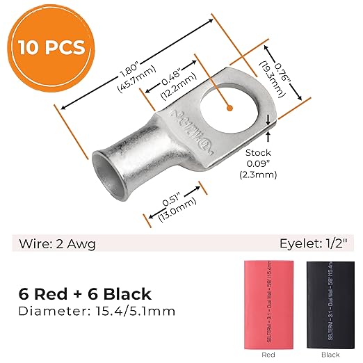 SELTERM 10pcs - 2 Awg - 1/2" Stud - Battery Lugs - Ring Terminal Connectors | with 12pcs 3:1 Black & Red Heat Shrink Tubing with Adhesive | Heavy Duty Battery Cable Ends - Tinned Copper Wire Lugs Kit