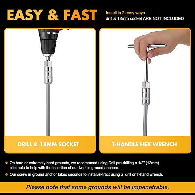Hiboom 4 Pcs Ground Anchors with T Handle Hex Wrench Trampoline Hook, Ground Anchor Screw in Kit, Inflatable Outdoor Decorations Accessories for Camping Tents Car Ports Canopies (Silver,12 Inch)