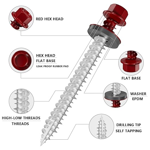 # 3/16 * 1 "595PCS 5lbs Red Hexagonal Metal Sheet roof Screws, # 10 * 1 with EPDM Washer and Hexagonal self Tapping, Used for Metal to Wood and Corrugated Roofs. 5 * 25mm