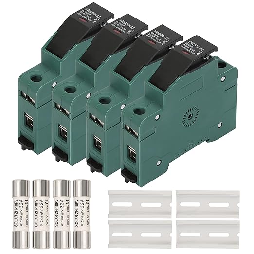 4 Pcs Solar Panel Fuse Holders, 4 Pcs 32 Amp DC1000V PV Fuses, Photovoltaic Fuse with Holder, 100 mm DIN Rail Mounting, for Solar PV System Protection