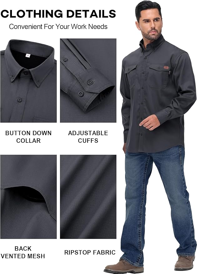 FR Shirt for Men 6oz Ripstop Lightweight Back Vented Mesh Breathable Flame Resistant CAT2 NFPA2112 Welding Shirts