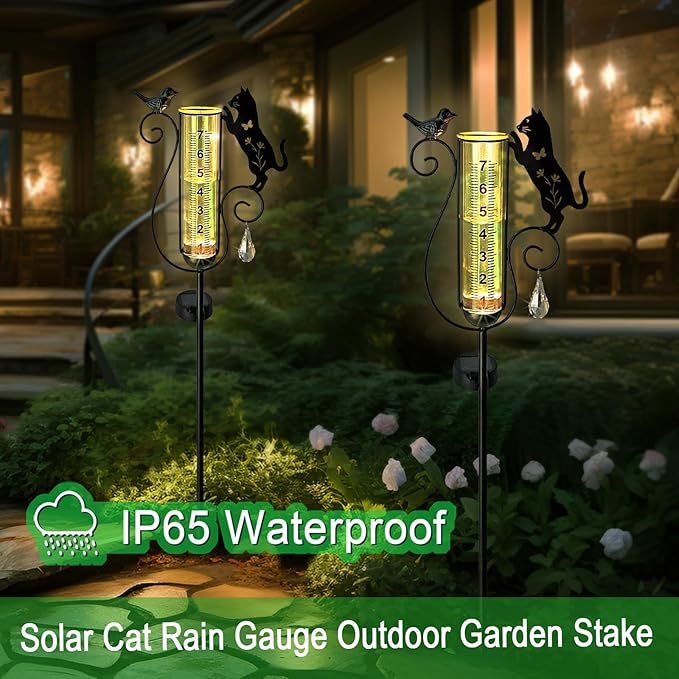 Rain Gauge Outdoor,Decorative Metal Black Cat and Bird Solar Light Stake with Rain Gauges Best Rated for Yard,Garden,Lawn, Pathway, 7" Glass Tube
