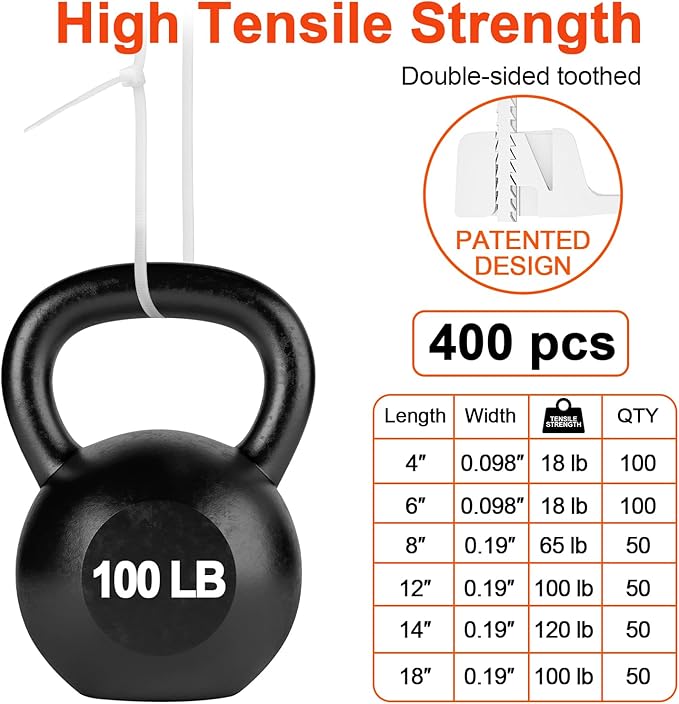 Zip Ties Assorted Size,4+6+8+12+14+18 Inch Double Sided Toothed,100 LBS Tensile Strength Heavy Duty Cable Wire Ties With Self-Locking Adjustable Durable Nylon Tie Wraps for Indoor Outdoor（400 Pack）
