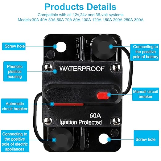 Generic Waterproof Circuit Breaker,Fuse Holder,Audio Circuit Breaker,with Manual Reset,12V-48V DC,30A-300A,for Automotive Marine Boat Audio System Current Overload Protection