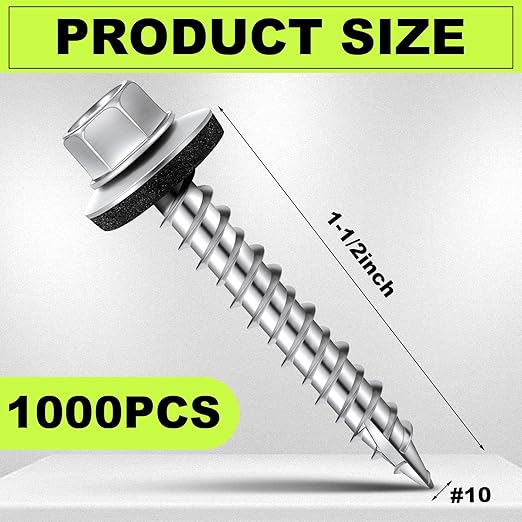 Tandefio Metal Roofing Screws (1000) #10 x 1-1/2" Zinc Hex Head with Rubber Washer Sheet Roof Screws Self Tapping Metal to Wood Siding Screw