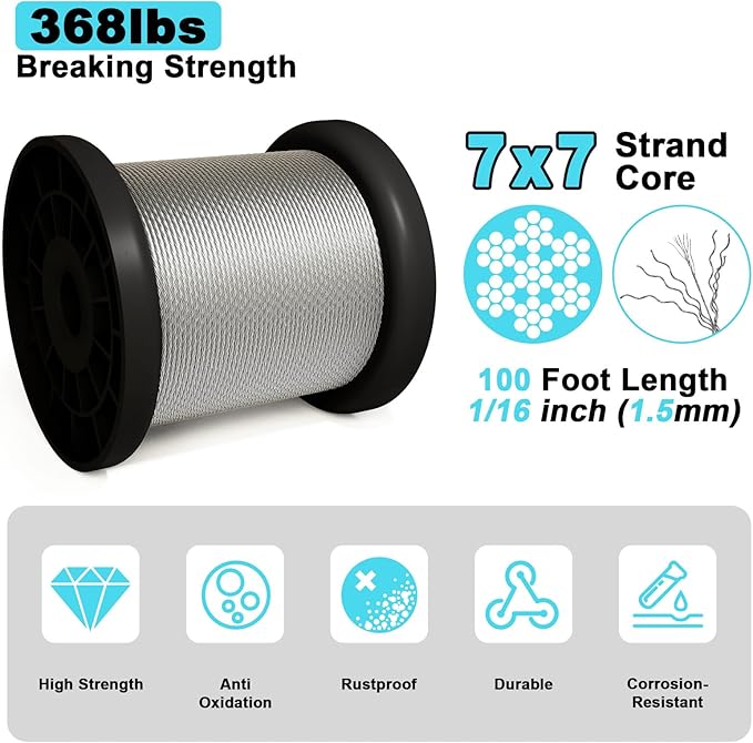Wire Rope Crimping Tool Kit, 100ft 1/16" Stainless Steel Wire Rope Cable with 160PCS Aluminum Crimping Loop Sleeve, 10PCS Thimble for Railing, Decking, Picture Hanging