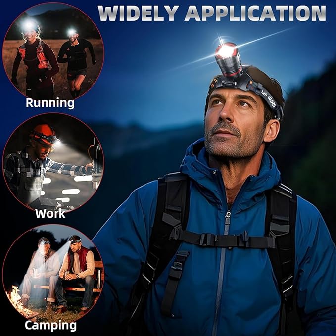Headlamp 5000 LUMENS LED Rechargeable Head Lamps, Zoomable Headlight with 5 Modes & IPX7 Waterproof, 120° Adjustable Head Lights for Forehead for Outdoor, Camping, Hard Hat, Hunting,Fathers Day Gift