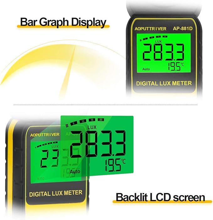 Light Meters, AP-881D Lux Meter with Ambient Temperature（℃/℉） Measurer Light 0.01~400,000 Lux (0.01~40,000 FC), Luxmeter with 270º Rotated Sensor, Back Light, Data storag for Plants LED Indoor Lights