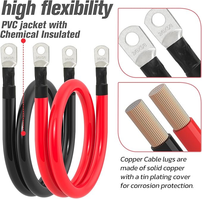2/0 AWG Battery Cable 2/0AWG Gauge Battery Inverter Cables for Automotive Solar Marine Boat RV Car Motorcycle (2/0 AWG, 3FT, 3/8")