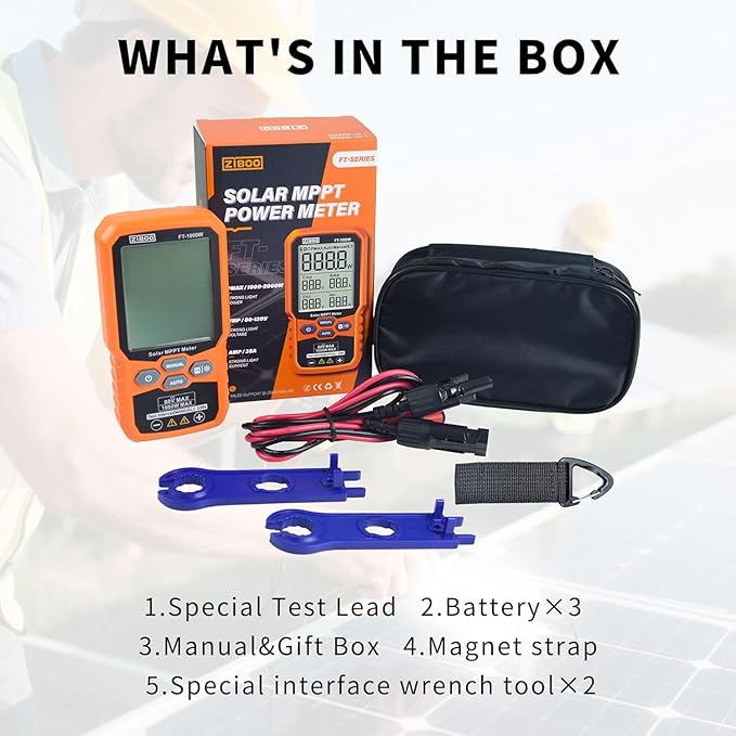 ZIBOO FT-1000W Solar Panel Tester MPPT Meter - 1000W Max Power, 80V/35A PV Module Tester for Voc/Isc, Open Circuit Voltage & Short Circuit Current, with Backlight & Data Hold