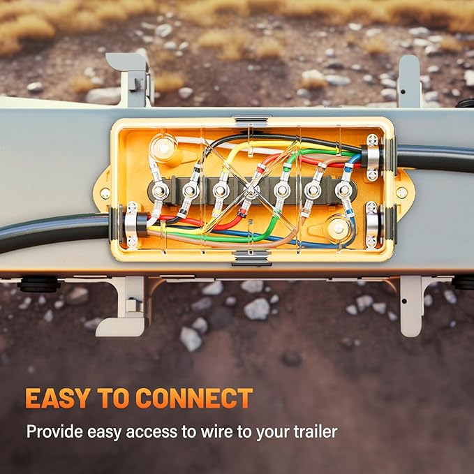 MECMO 7 Way Trailer Wire Junction Box Clear Cover Color-Coded 7 Pin Terminal Studs, Heavy Duty 7 Gang Trailer Wiring Connector Weatherproof Electrical Junction Box for Rewiring RV Camper Trailer Light