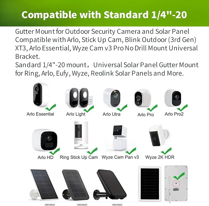 Gutter Mount for Ring, Arlo, Reolink Solar Panels, Adjustable Aluminum Bracket for Ring– Easy Installation, Perfect Sunlight Angle (White)