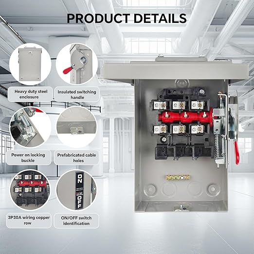 3P 30Amp 240V 3 Wire Heavy Duty Safety Switches，Ac Disconnect Switches Box，Quick Disconnect Safety Switch，Upgrade Power Supply Safety Door Lock