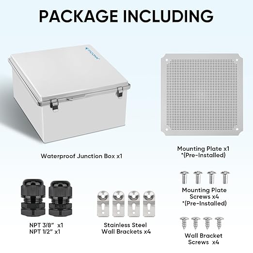 TICONN Outdoor Electrical Box Waterproof, Junction Box IP67 ABS Plastic Enclosure with Hinged Cover with Mounting Plate, Wall Brackets, Cable Glands (Off-White, 11.8"x11.8"x7.1")