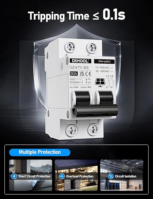 DIHOOL Solar Disconnect Switch, 30 Amp 2 Pole, DIN Rail Mount, Non Polarized, 12V 24V 48V 400V, AC/DC Circuit Breaker, RV Battery Isolator, PV Array MCB, Thermal Magnetic Trip