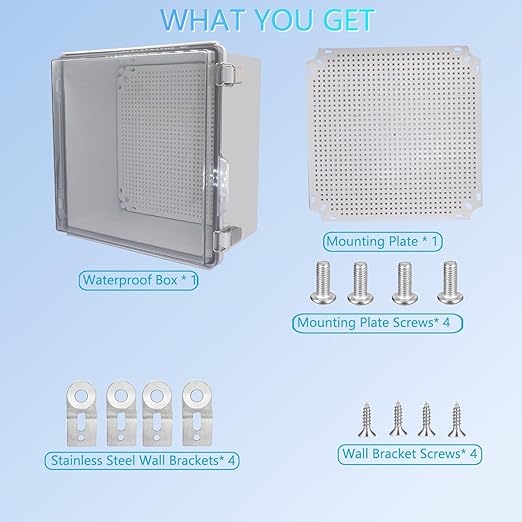 Waterproof Junction Box, ABS Plastic Electrical Box with Stainless Steel Latch, Hinged Cover Electric Project Enclosure Box with Mounting Plate, Wall Brackets,Clear 13"x13"x6.7"