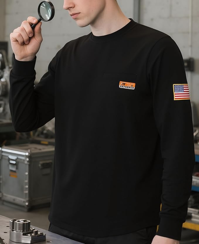 VATRENUS FR Shirt for Men Crewneck Midweight Utility Pocket Fire Resistant Long Sleeve Work Shirts NFPA2112 CAT2