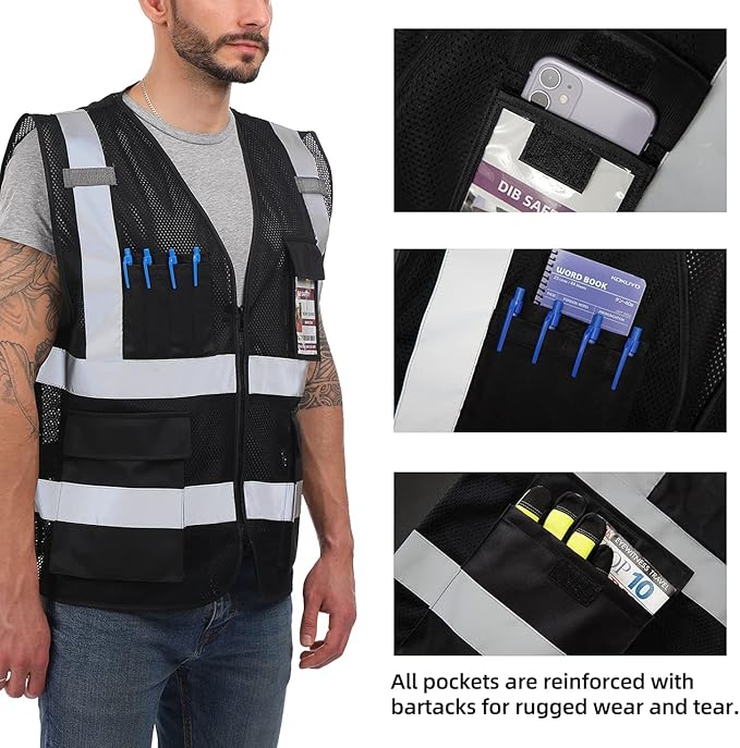 Dib Safety Reflective Vest ANSI Class 2, High Visibility Vest with Pockets and Zipper, Construction Work, Hi Vis