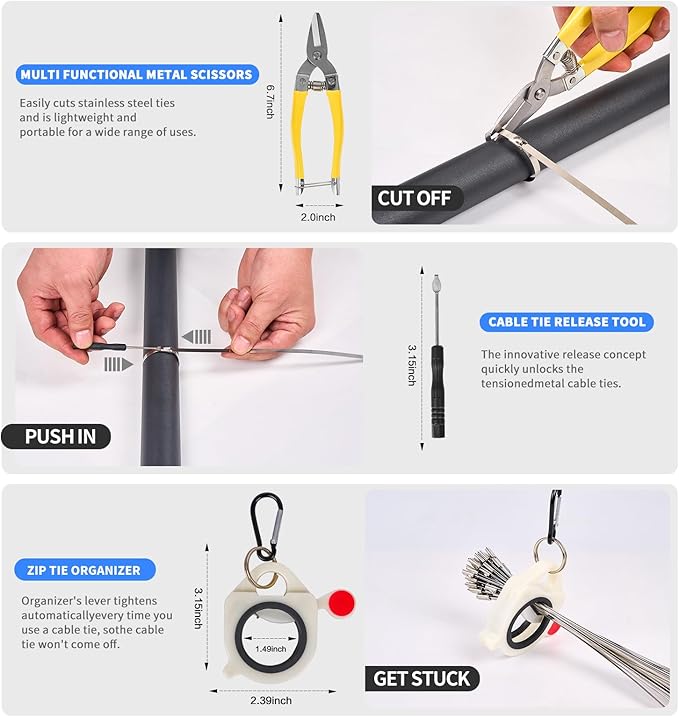 Stainless Steel Cable Tie Gun Set - With 150pcs Heavy Duty Cable Ties，Special Tool For Fastening And Cutting Metal Zip Ties-for Chain Link Fence Parts, Wire Fence Rolls,Exhaust Wrap, Outdoor Fences