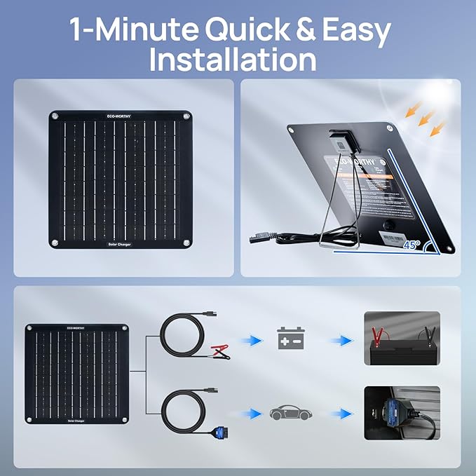 ECO-WORTHY Upgraded OBDII 10W Solar Battery Trickle Charger Maintainer 12V Waterproof Solar Panel Trickle Charger Kit with Portable Stand for Car Truck Boat Mower RV Trailer ATV Marine Battery