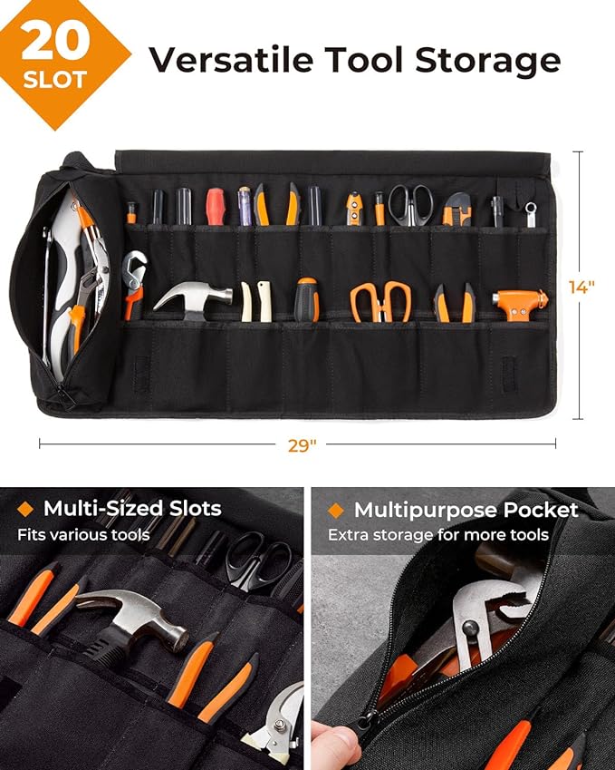 Tool Roll, Heavy Duty Tool Roll Bag Organizer, Roll Up Tool Pouch with 20 + 1 Pocket, Gifts for Men Father Dad Mechanic, Black