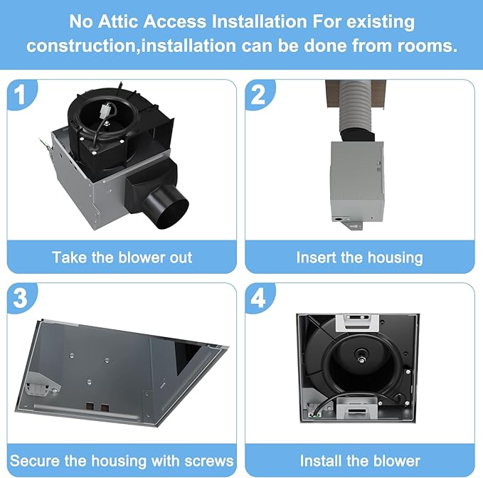 Bathroom Exhaust Fan 80 CFM 1.5 Sone, 4-Inch Duct, Quiet Energy Star Certified Ventilation Fan, Easy to Install, No Attic Access Needed, Ceiling Mounted, Classic White Grille