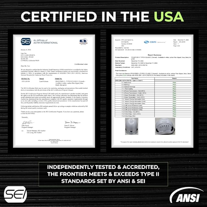 Land Helmets Frontier Type 2 Class C Vented Safety Helmet - ANSI/ISEA Z89.1 Type II OSHA Compliant Hard Hat. Used in Construction, Arbor, and Industrial Work.