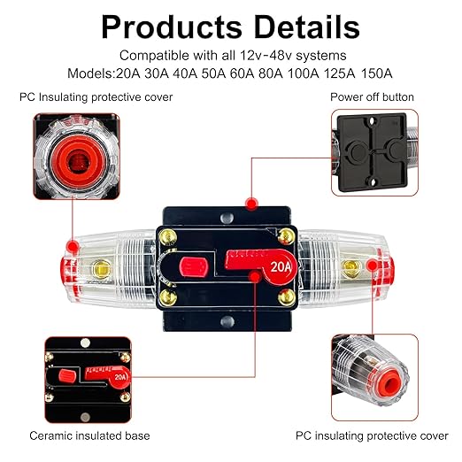 20 Amp Circuit Breaker with Manual Reset Switch Waterproof 12V-48V DC Resettable Fuse for Boat Trolling Motor Marine ATV Trailer Vehicles Stereo Audio Electronic Battery Solar System