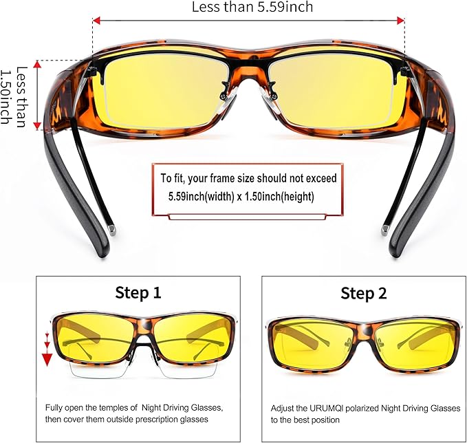 URUMQI Night Vision Driving Glasses Fit Over Eyeglasses for Men Women, Anti Glare Polarized Nighttime Glasses Yellow Lens