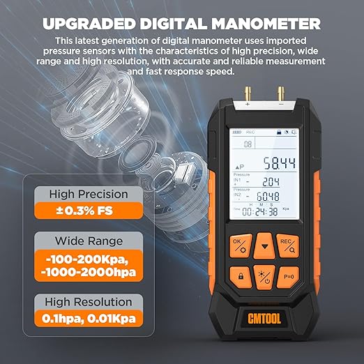 Manometer Gas Pressure Tester, Digital Manometer, -100-200Kpa, 10 Units Differential Pressure Gauge, Max/Min/Data Storage, 2-Port Tester for HVAC/Automotive Brake/Industrial/Lab Calibration (Regular)